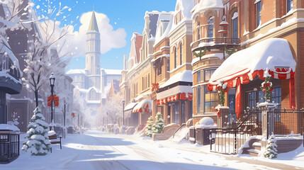 Obraz premium Imitation of a drawn illustration, winter sunny snowy day, city cozy street with building facades decorated with Christmas decorations and fir trees.