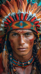 Fototapeta premium American native aboriginal man, International Day of the World's Indigenous Peoples, banner copy space