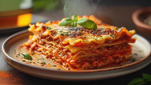 Traditional lasagna made with minced beef Bolognese sauce and bechamel sauce topped with basil leaves, steam, tasty. space for text. Italian Cuisine concept.