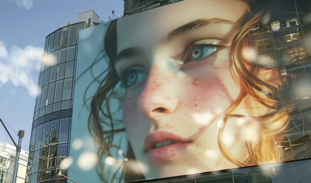 Interactive advertising with a portrait of a girl in the city center among the buildings. Generative AI