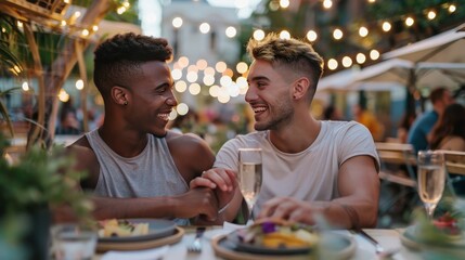 Interracial gay couple enjoying a romantic dinner at an outdoor restaurant