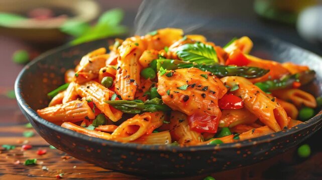Creamy chipotle chicken penne pasta with asparagus, peppers, green peas, onion and garlic close-up in a bowl on the table. horizontal top view from above
