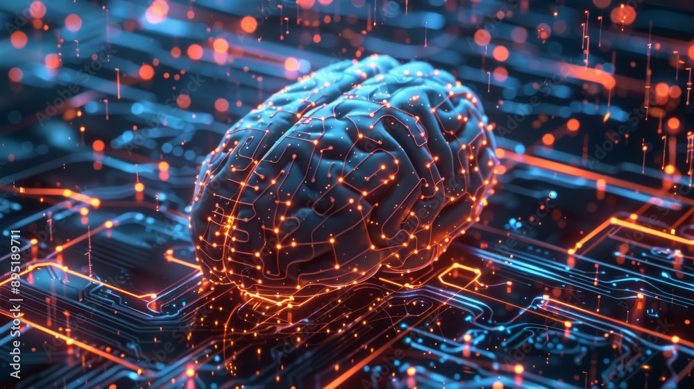 Poster conceptual image of ai brain on a circuit board, representing neural networks and technological adva