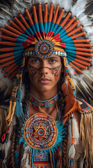 Obraz premium American native aboriginal man, International Day of the World's Indigenous Peoples, banner copy space