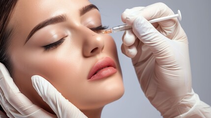 Woman getting filler injected into her nose for cosmetic enhancement - liquid rhinoplasty 
