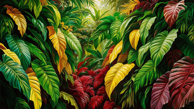 Tropical leaves background, banner with green floral pattern