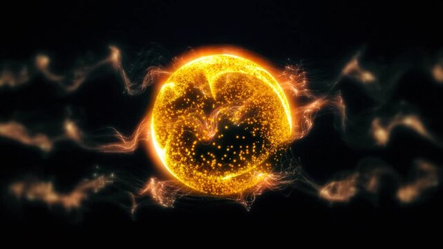 Abstract yellow orange glowing energy magic bright high tech sphere ball circle in fire and smoke background