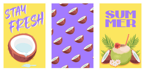 Set of summer tropical pictures with coconuts. EPS10 vector illustration.