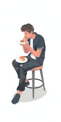 A young man, dressed in casual attire, sits on a stool enjoying a doughnut and a sandwich. He appears relaxed, focusing on his food, with one leg crossed over the other.