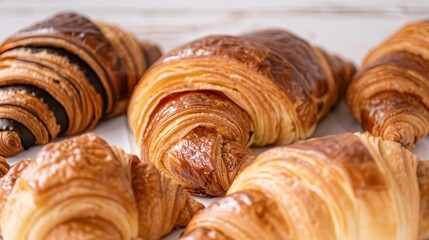 Freshly baked croissants with flaky layers, perfect for breakfast or as a delicious snack. Ideal for culinary and food photography.