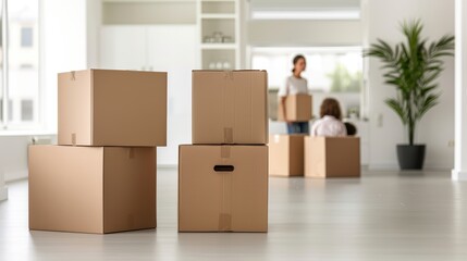 Moving day scene with stacked cardboard boxes in a bright, spacious room, showcasing family organization and preparation.