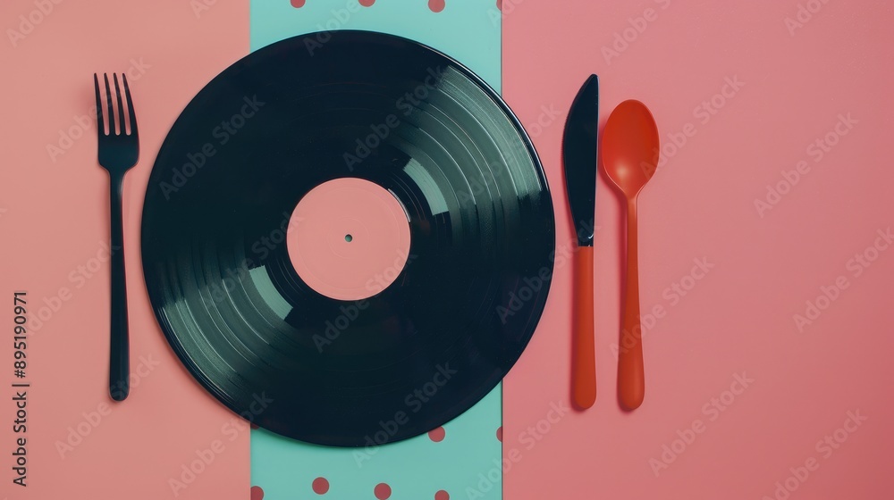 Wall mural vinyl record and cutlery on soft background creative concept with space