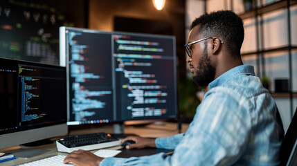 Male programmer at work, man coding and sitting in front of a monitor at a computer