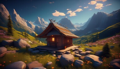Fototapeta premium Small hut meditation break in the mountains