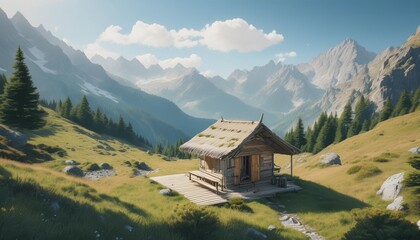 Obraz premium Small hut meditation break in the mountains