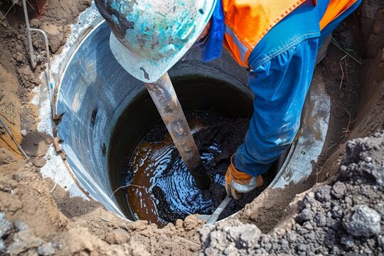 Professional technician for residential septic tank pumping and sewage cleaning service