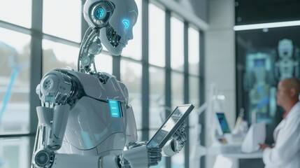 Fototapeta premium Robot AI assisting doctor in background fuzzy futuristic examination room