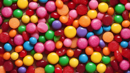 Obraz premium Mix of colorful candies . Multicolored unhealthy background. Sweet dessert top view. Generative AI