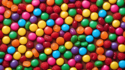 Fototapeta premium Mix of colorful candies . Multicolored unhealthy background. Sweet dessert top view. Generative AI
