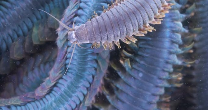 Worm Polychaeta Nereis virens (Alitta virens) from family Nereididae close-up. Many beautiful worms squirm. White Sea