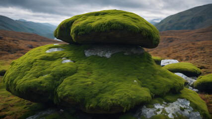Moss-covered rock with intricate details. Generative AI