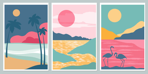 Set of abstract landscapes. Vertical posters with a sea of ​​palm trees against the background of the sun. Vector graphics.