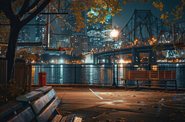 Basketball playground on the riverbank in the city at night