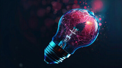 Innovation technology with holographic glowing low polygonal light bulb dark background