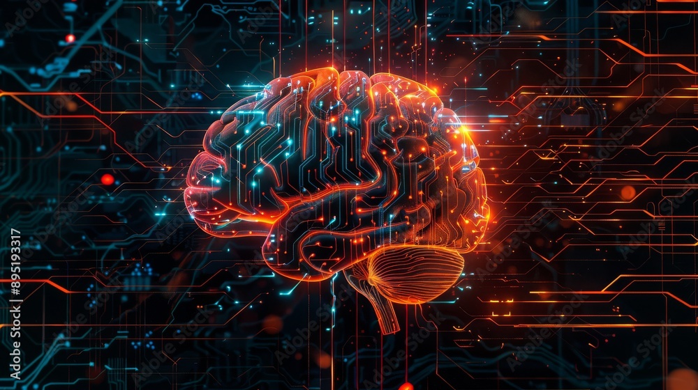 Poster futuristic brain with glowing digital connections representing artificial intelligence and neural ne