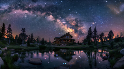 panoramic view of the Milky Way over an idyllic cabin in nature, with trees and a small pond reflecting its light, creating a magical atmosphere