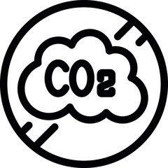 Simple bold line icon of a cloud with co2 text crossed out inside a circle for sustainability