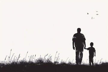 Silhouette of a man and child holding hands standing on grassy ground with birds in the background