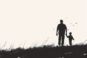A father and child holding hands walking on a grassy hill with birds flying in the background