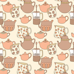 Teapots and kettles seamless pattern. Vector cute tea kettles print. Vintage kitchen tableware collection. Ceramic or porcelain utensils illustration.