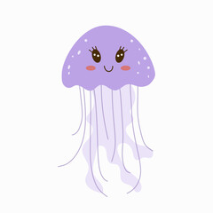 Cute jellyfish for children background. Under the sea, water animal character, ocean fauna. Flat vector design.