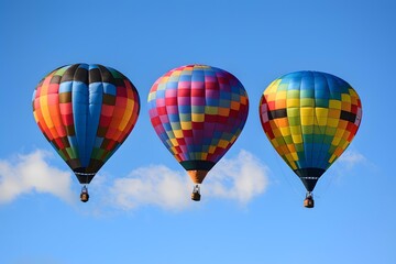 Obraz premium Three Colorful Hot Air Balloons Flying in a Blue Sky