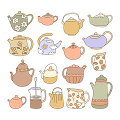 Different hand drawn porcelain, faience, ceramic teapots doodles collection. Cute kitchen tableware vector illustration. Tea and coffee making set of vintage doodle kettle various shape.