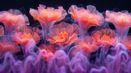 Fototapeta premium Captivating abstract image of glowing jellyfish in vibrant neon colors creating an ethereal underwater scene.