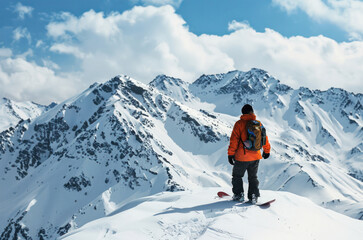 Snowboarder standing high in the mountains covered with snow. View from the back.