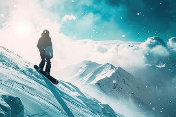 Man slides down the snowy mountain on a snowboard. Extreme sports.