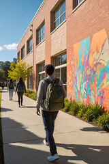 A young man, from behind, with a backpack, walking along a school building, in front of him, two female students advance in the distance.