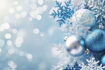 The gorgeous winter holiday background showcases blue and silver snowflake ornaments, bringing brilliance to festive celebrations. It is elegant and perfect for adding a touch of beauty