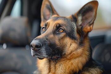 German Shepherd dog sits in a luxurious car interior on an armchair. the pet is traveling in a vehicle.