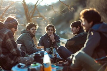 Film and documentary photography, bivouac in the Alps, freedom in nature, friends having fun, spring, blue sky, it's a beautiful sunny day, hyper-realistic texture