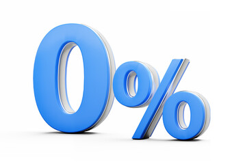 Vibrant Blue 0% Zero Percent Sign With Sleek Metallic Gleam On White Background 3D Illustration