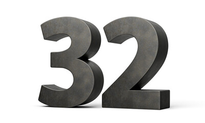 Number Thirty two 32 Digit Made Of Gray Smooth Cast Iron Isolated On White Background 3d Illustration