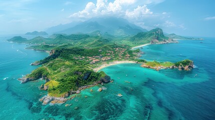 Fototapeta premium Aerial View of Tropical Island with Lush Green Hills and Pristine Turquoise Waters