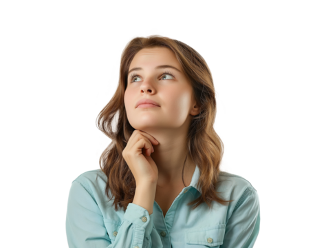 isolated portrait of young thoughtful woman daydreaming, doubtful lady thinking with uncertain expression