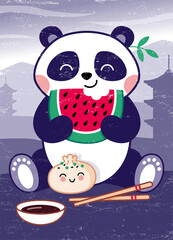 Panda mit Dim Sum und Wassermelone