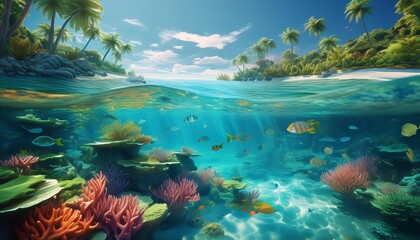 Tropical island coral reef and swimming fish